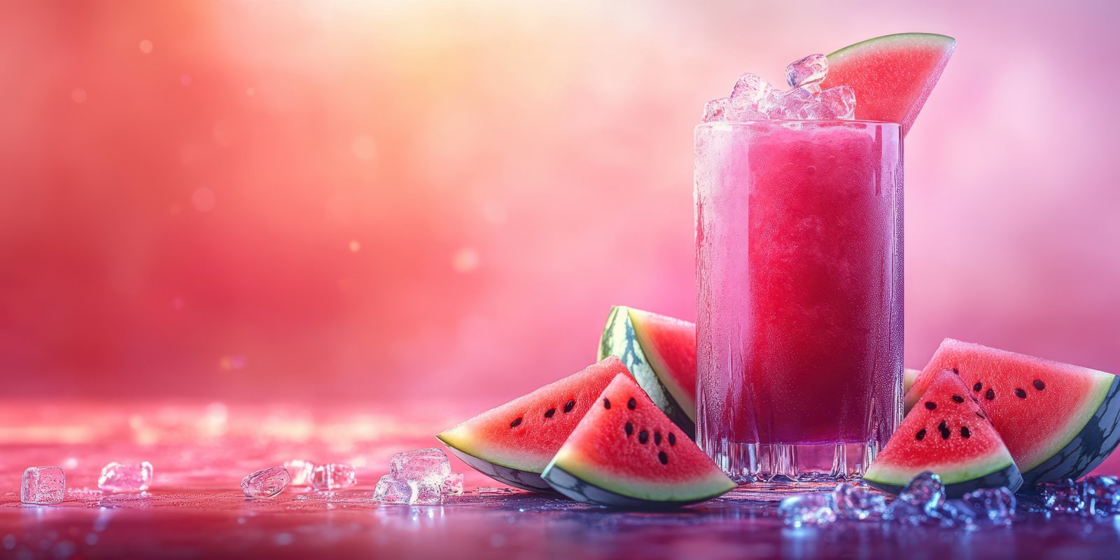 Refreshing watermelon drink served in a glass with ice and fruit slices at sunset